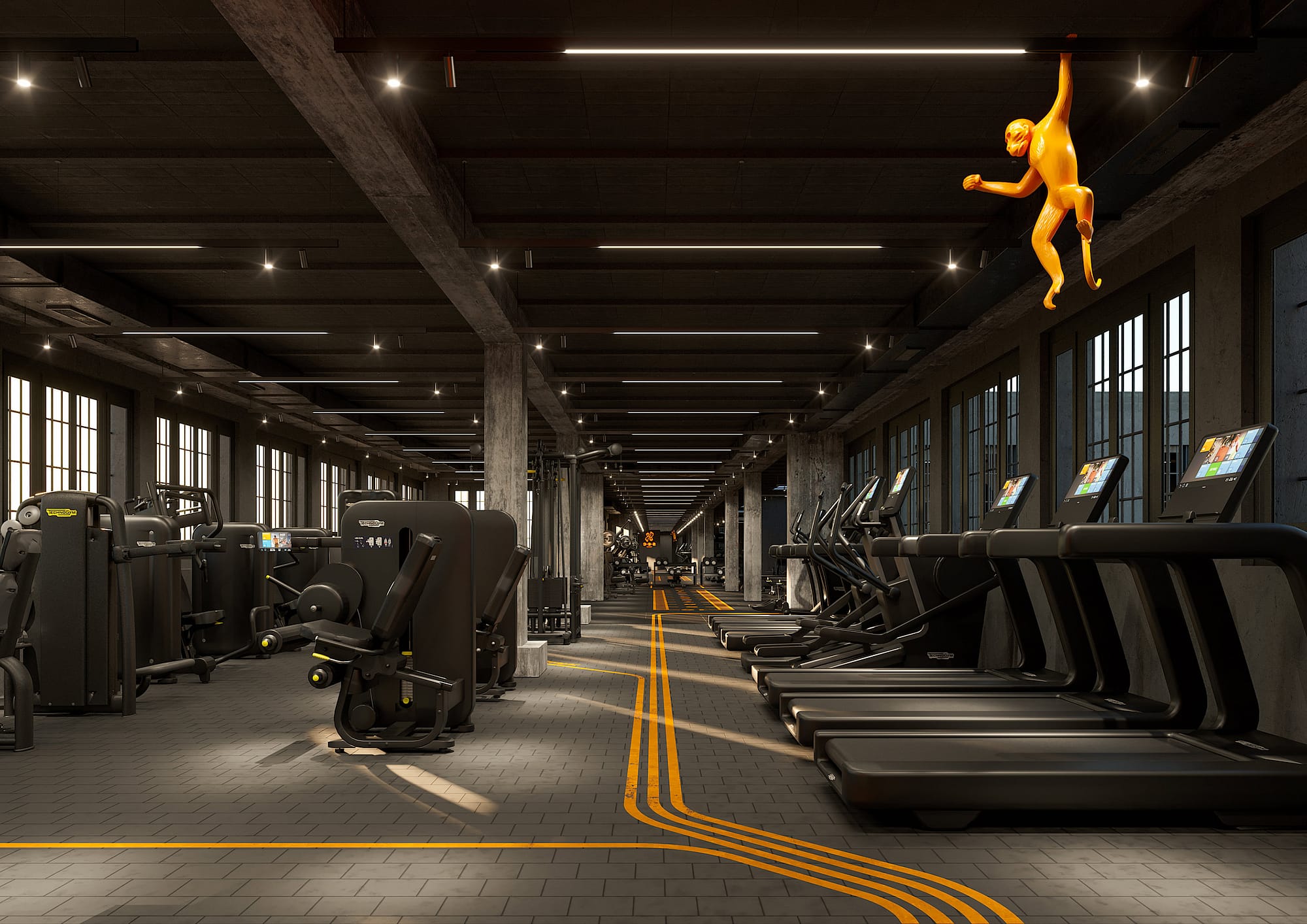 Séc Sport & Health Club, gym floor con macchine Technogym e grafiche a pavimento