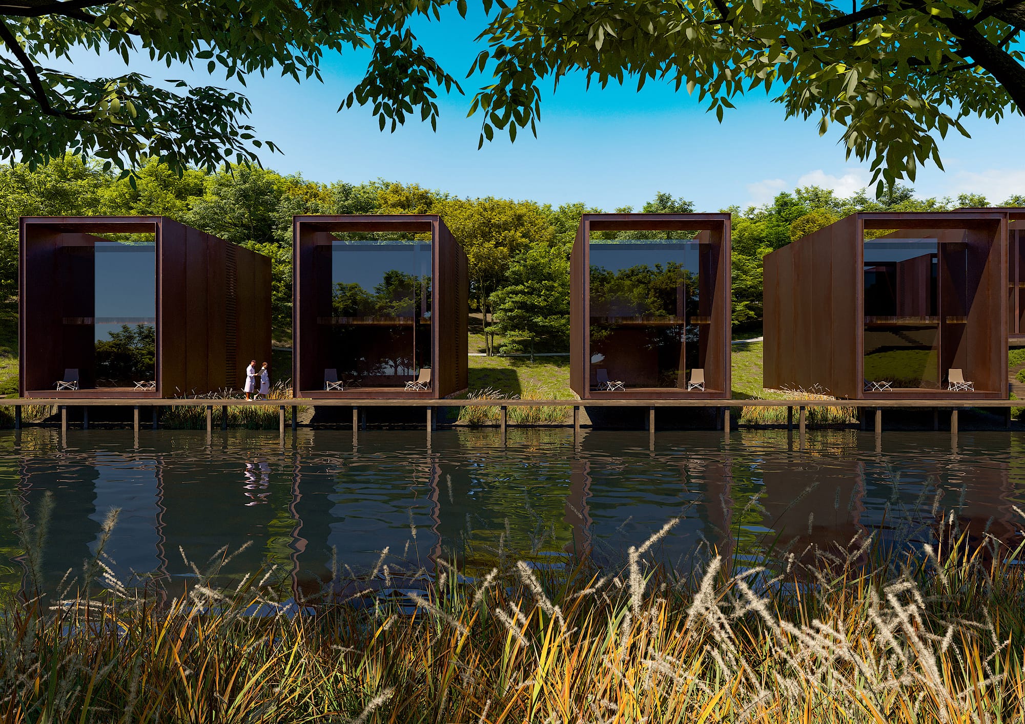 Aione Resort, lodges su lago con passerella in legno