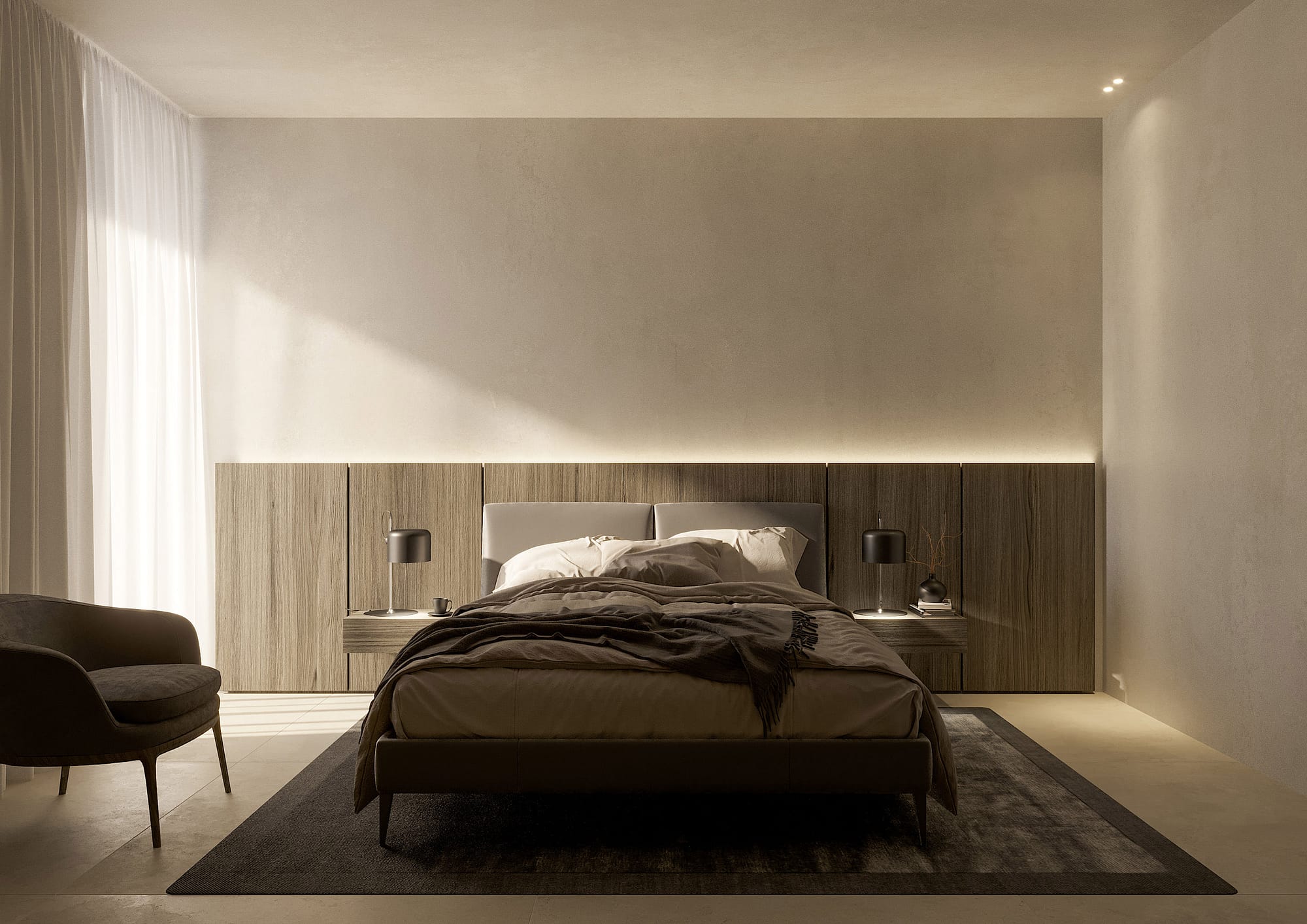 Apartments T, vista frontale su camera da letto con boiserie e testata letto in rovere e pavimento in ceramica effetto pietra