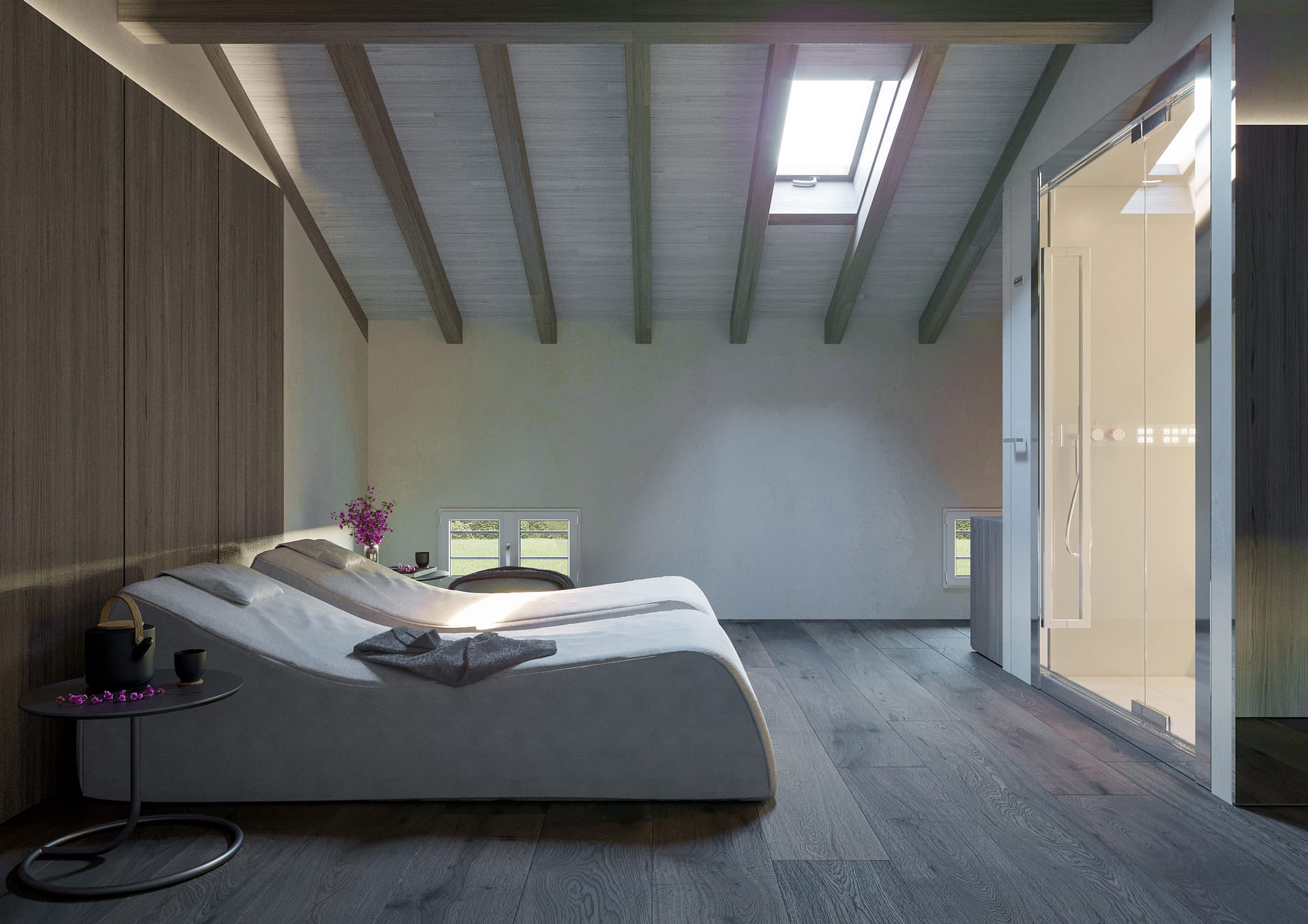 House GMB, vista sottotetto con sauna e lettini relax