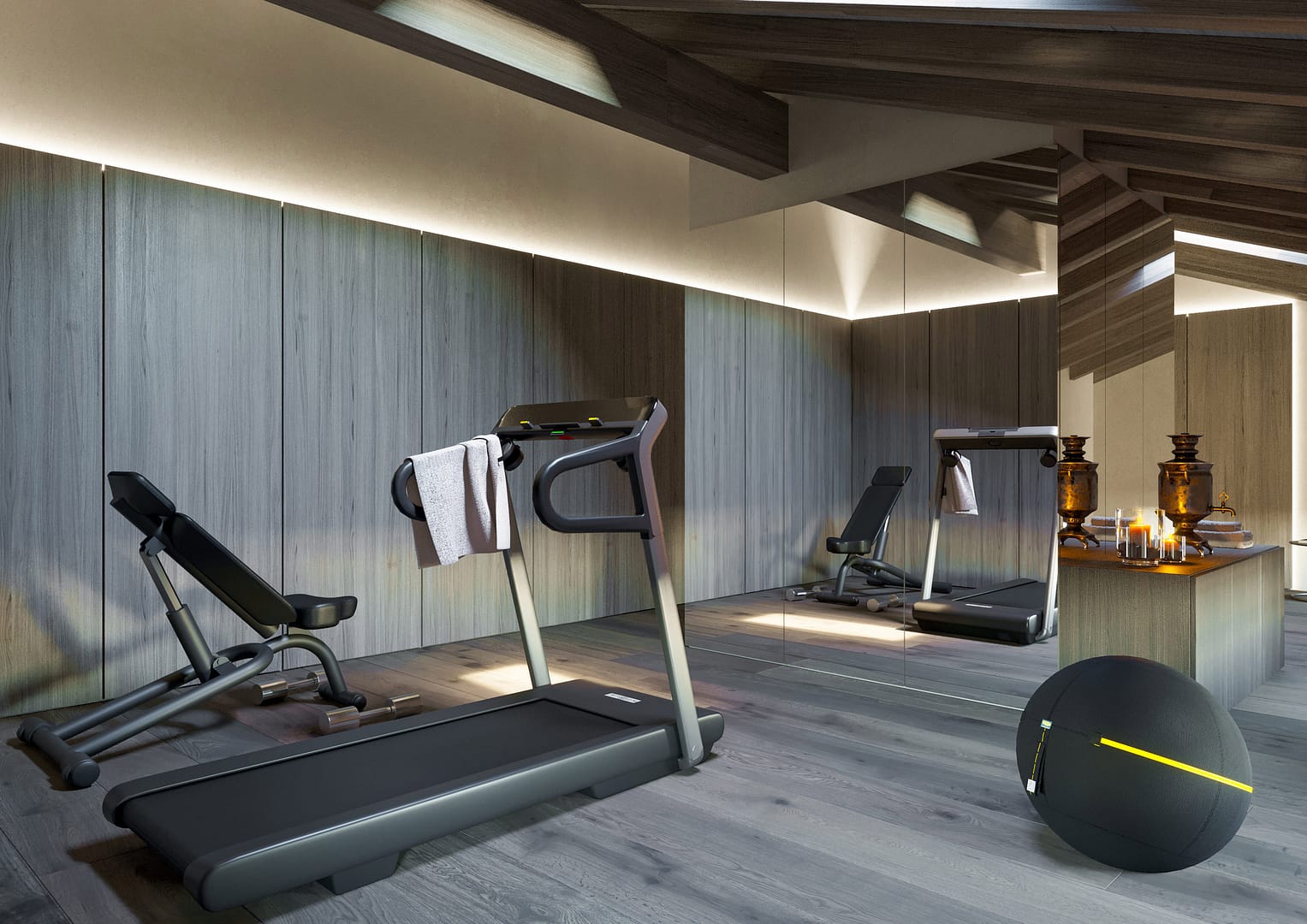 House GMB, vista sottotetto area fitness con macchine technogym