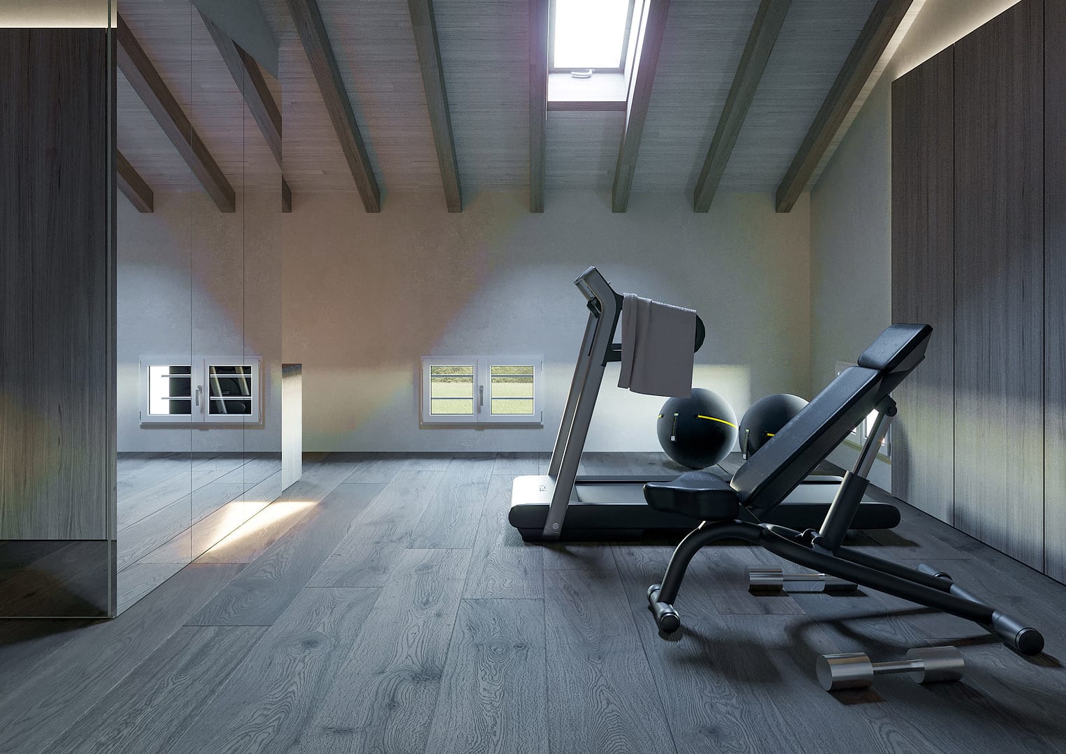 House GMB, vista sottotetto area fitness con macchine technogym