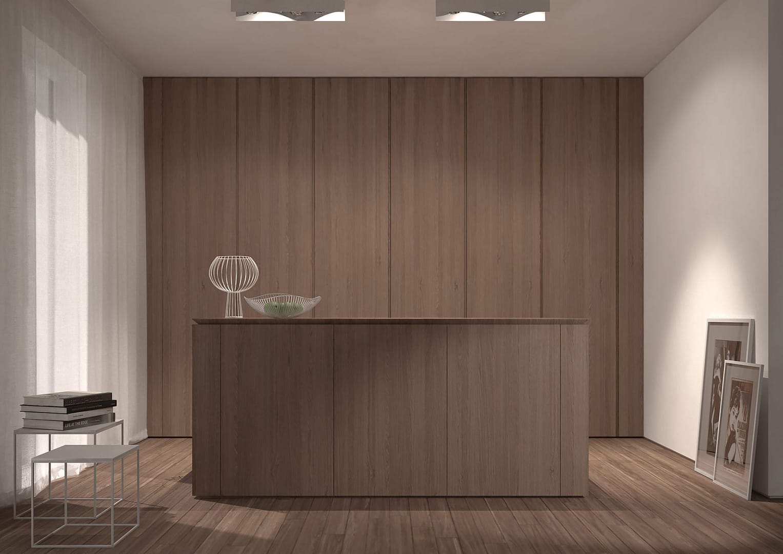 House MT, cucina minimale con isola finitura rovere