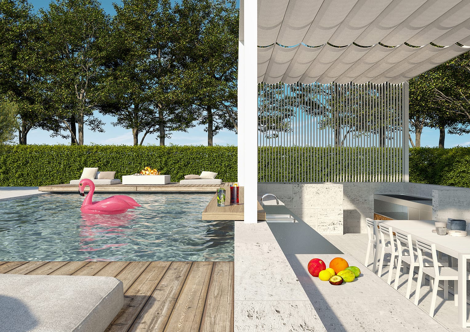 House T, vista su piscina con gazebo, bar e cucina