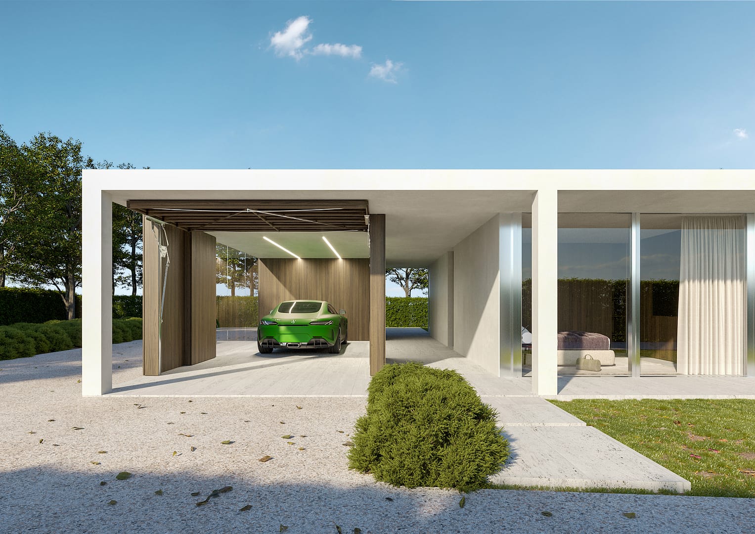 House T, vista ingresso con garage auto aperto