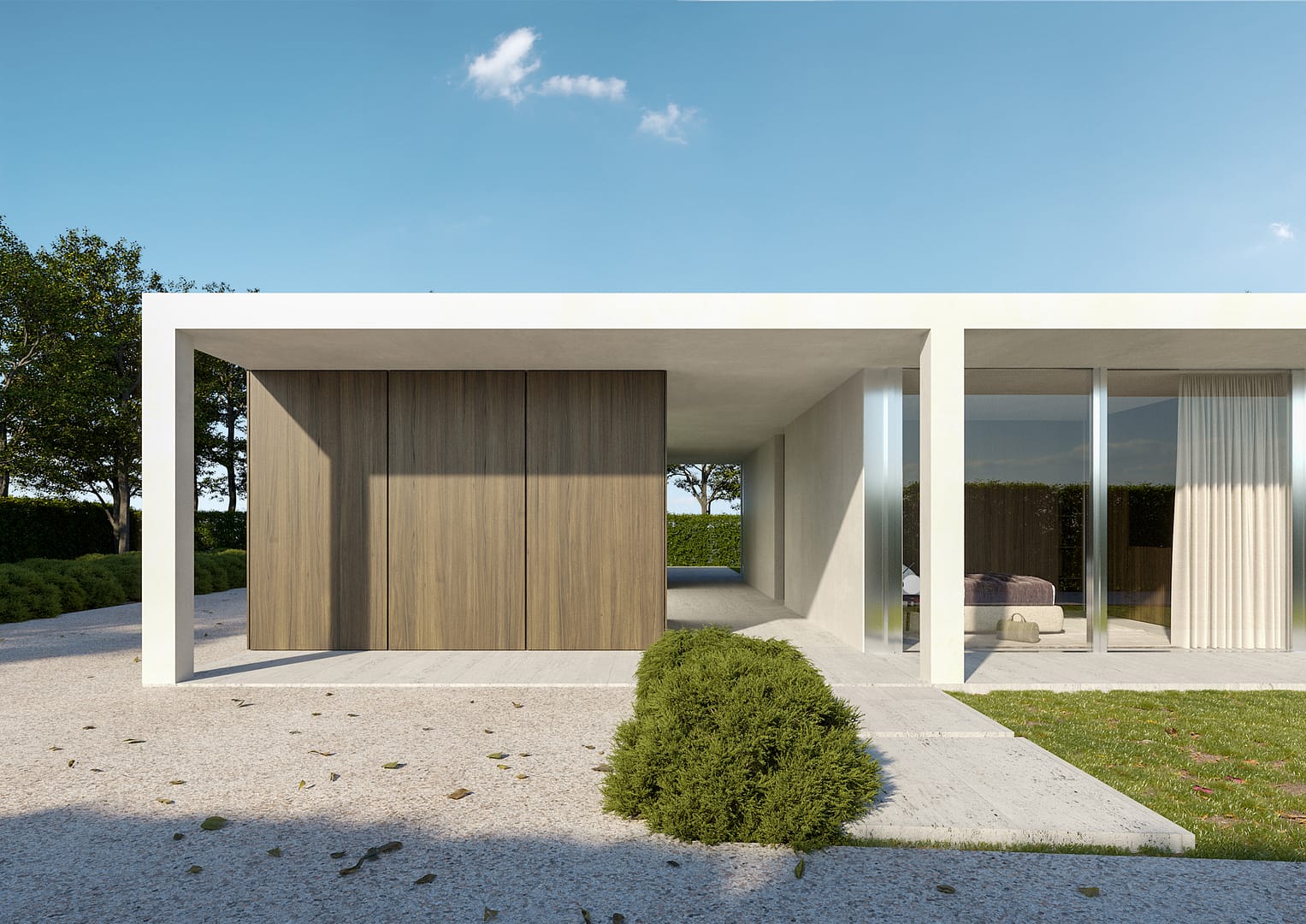 House T, vista ingresso con garage auto chiuso