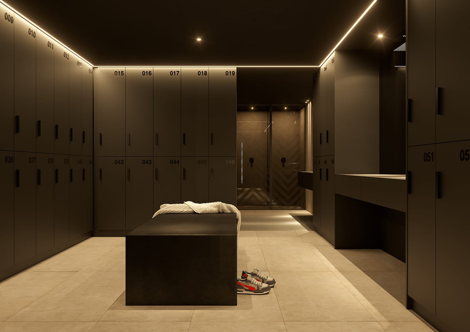 The Lift Gym, vista frontale spogliatoi con armadietti finitura total black