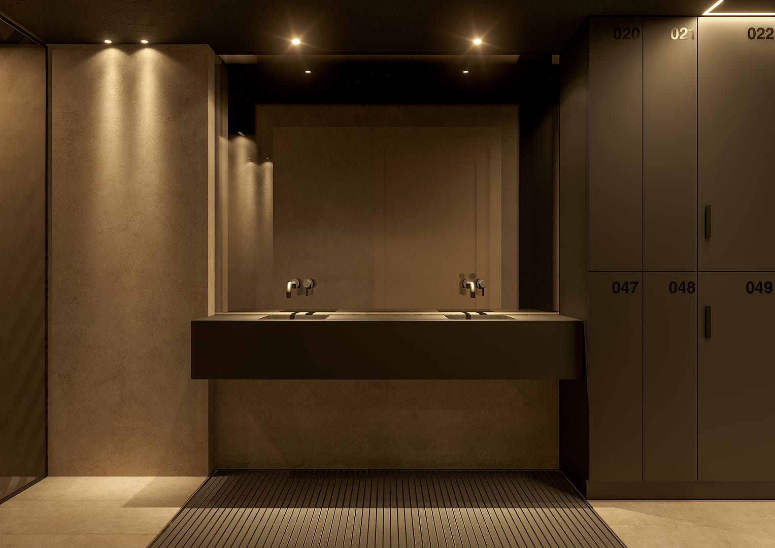 The Lift Gym, vista su mobile lavabo e specchi a tutta altezza