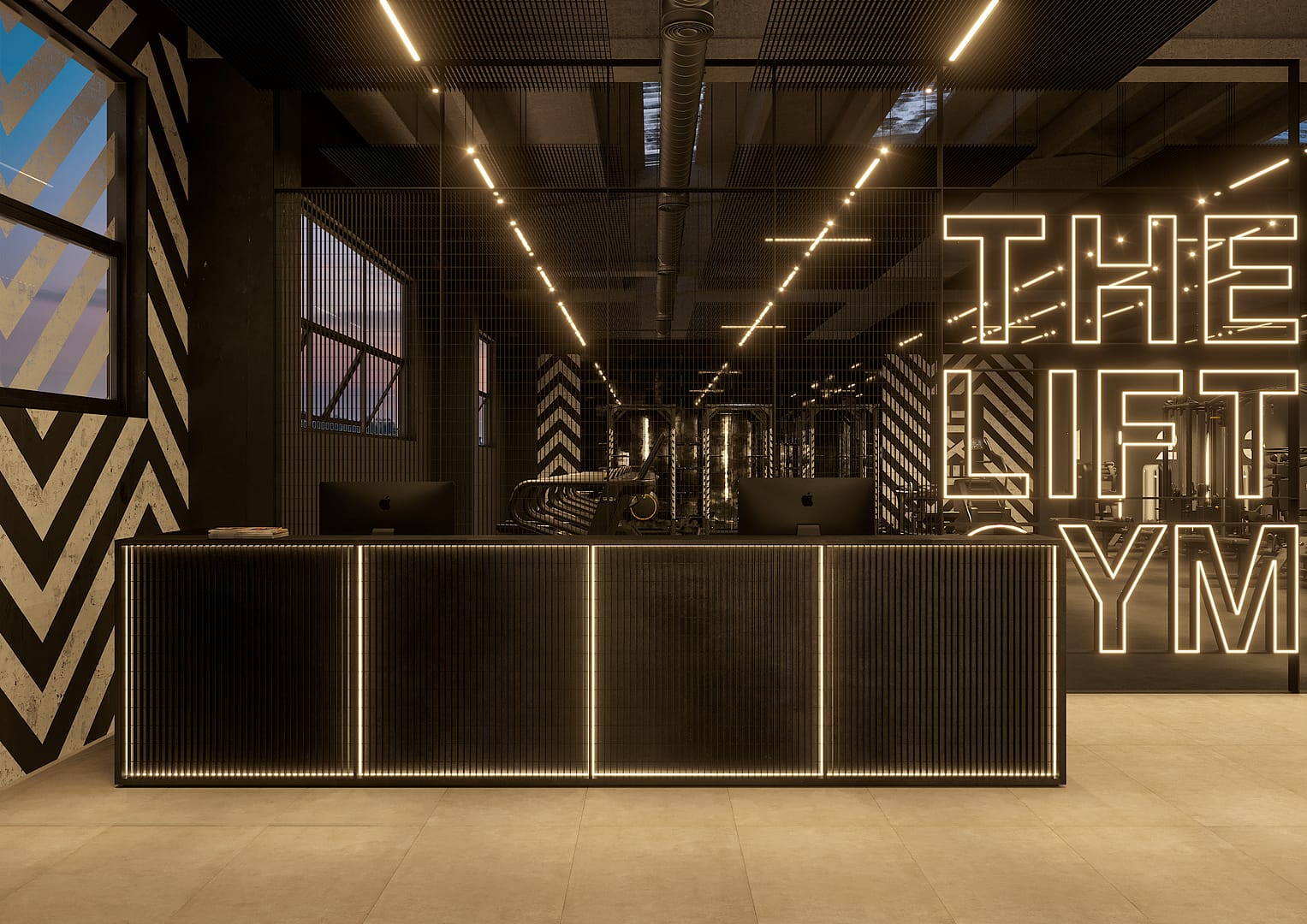 The Lift Gym, vista frontale reception con apertura totale su gymfloor