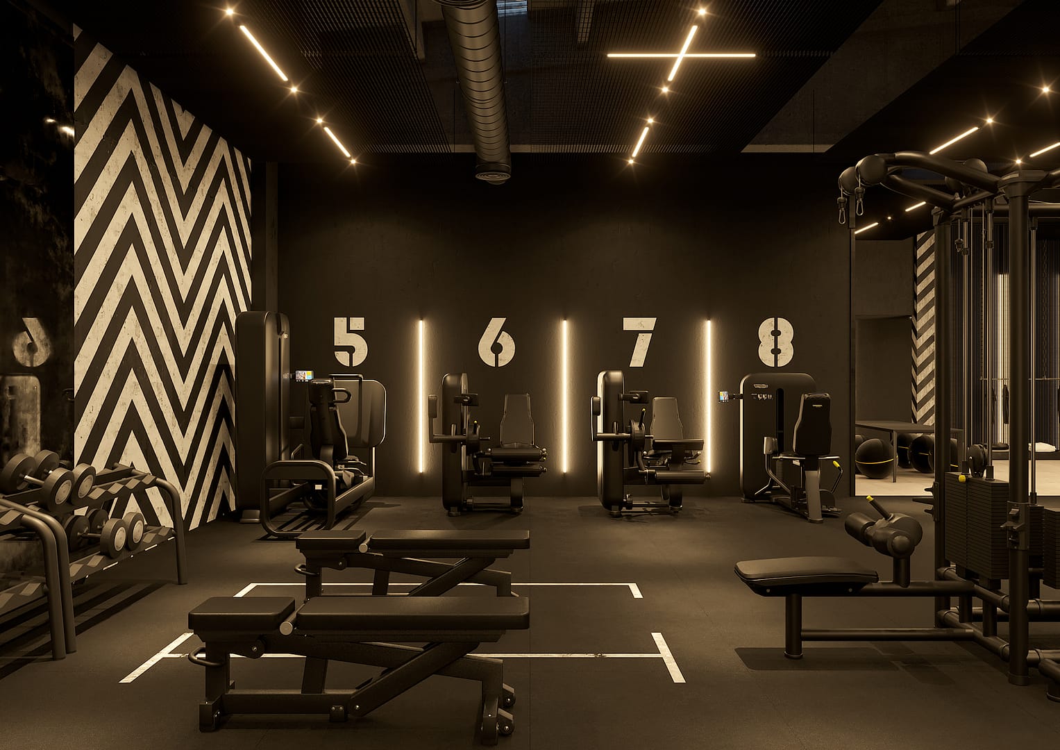 The Lift Gym, gym floor con grafiche per le postazioni