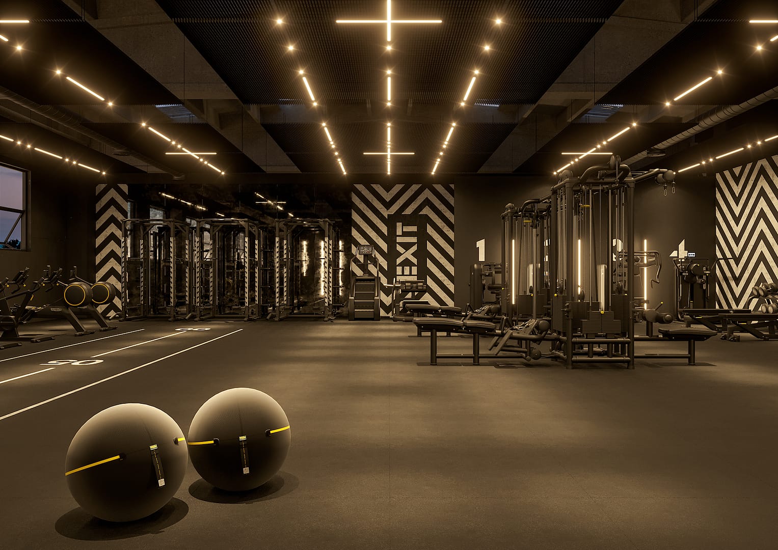 The Lift Gym, gym floor vista su cable station e grafiche a parete