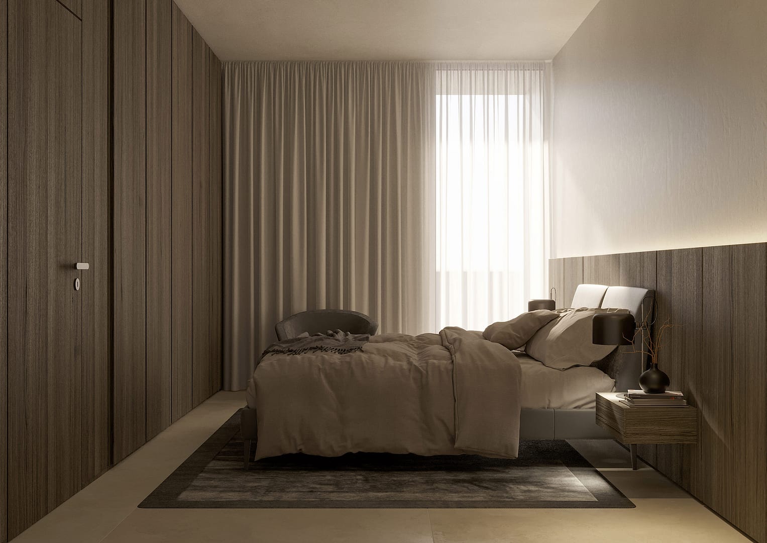 Apartments T, vista laterale su camera da letto con boiserie e testata letto in rovere e pavimento in ceramica effetto pietra