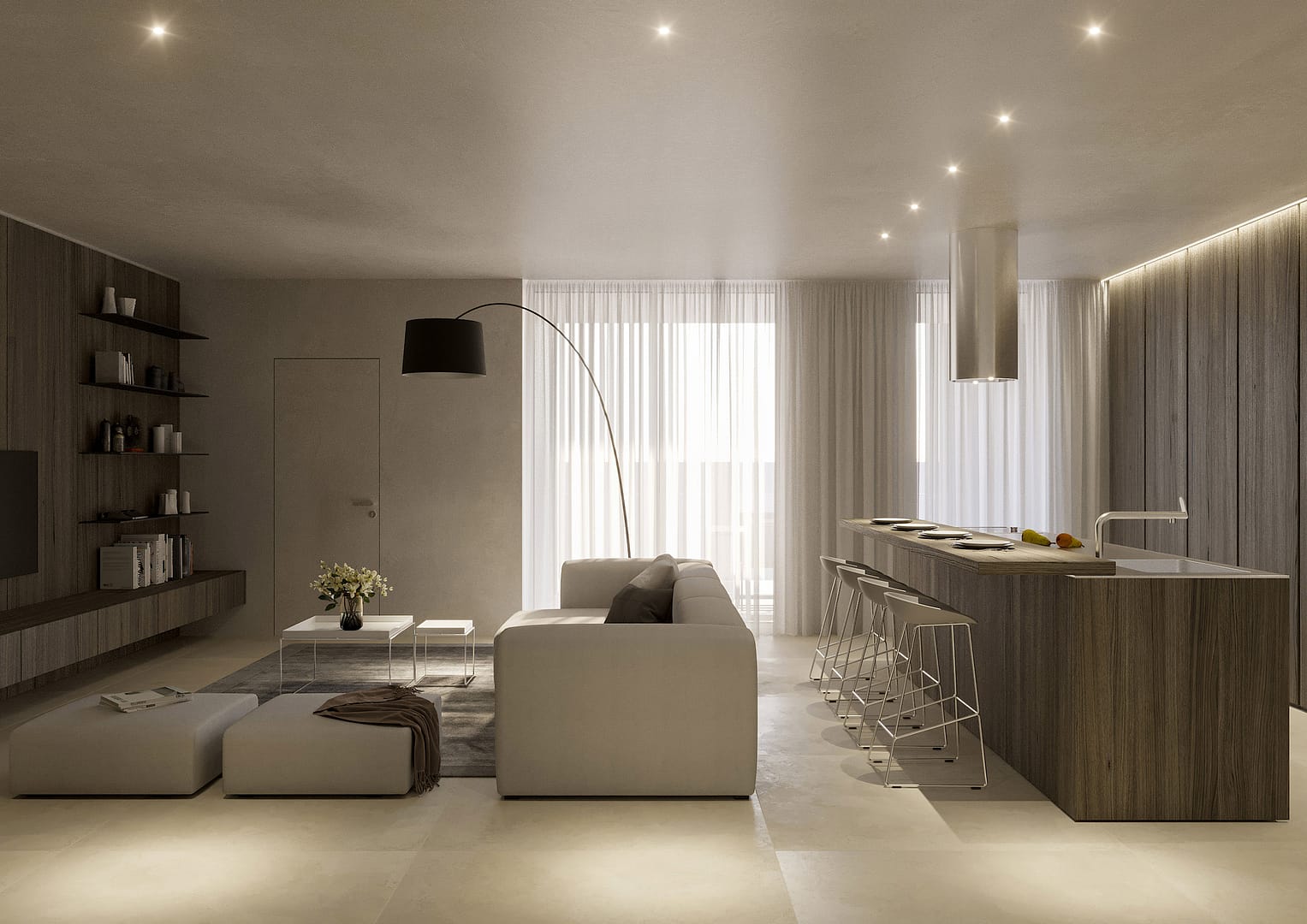 Apartments T, vista interna su soggiornocon cucina; finiture in noce e pavimento in ceramica effetto pietra
