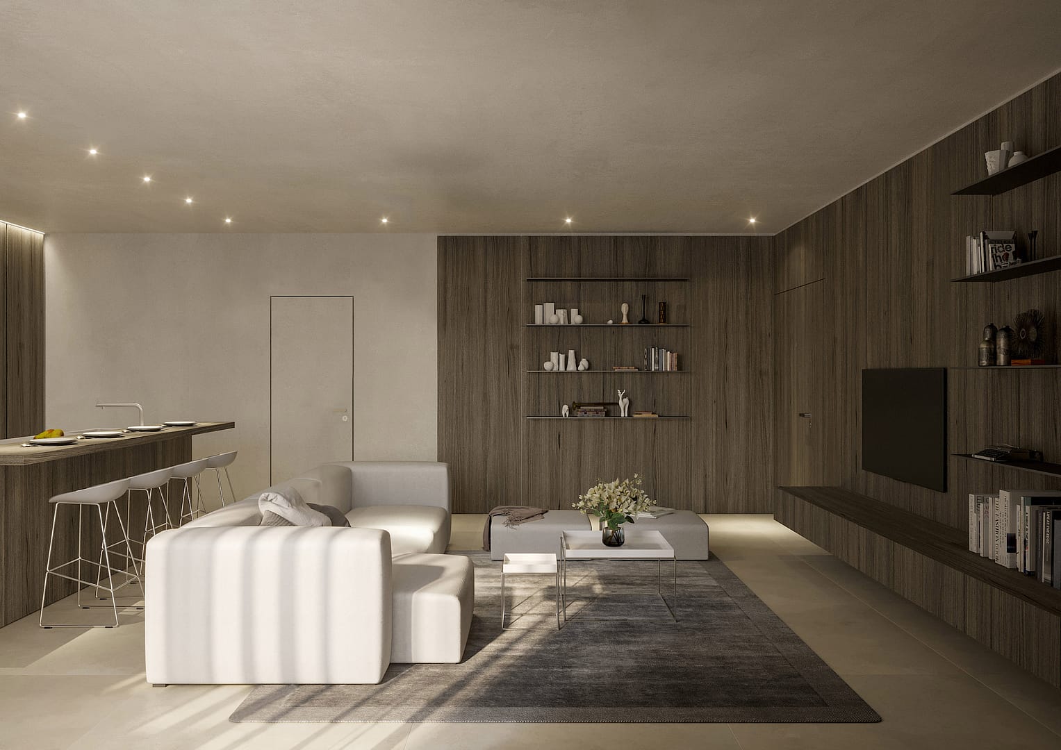 Apartments T, vista interna su soggiorno con finiture in noce e pavimento in ceramica effetto pietra
