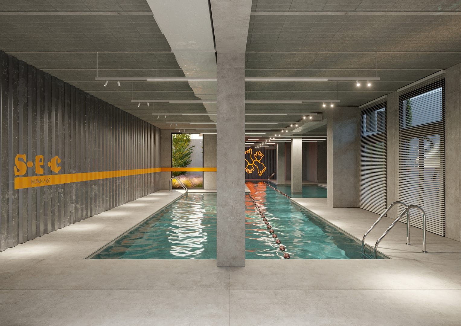 Séc Sport & Health Club, piscina area piccoli industrial con rivestimento di lamiera grecata e grafiche