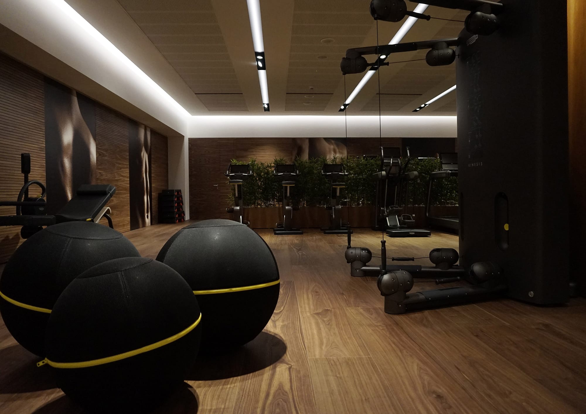 BPM Fitness Club, gym floor con rivestimento a pavimento e a parete in noce