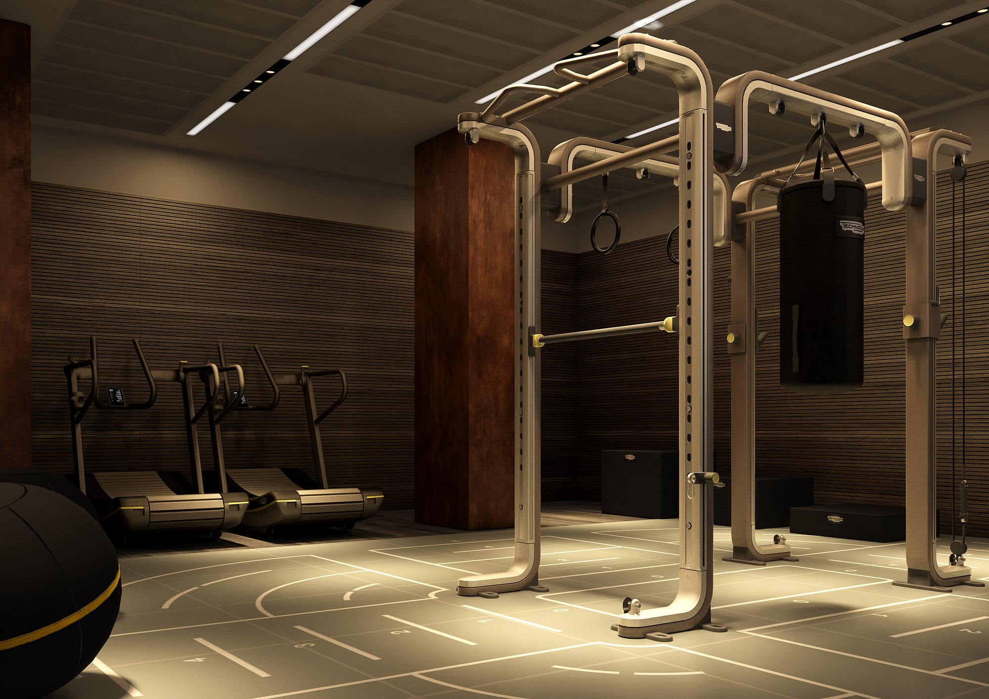 Magneto Fitness Club, gym floor con rig centrale e grafiche a pavimento