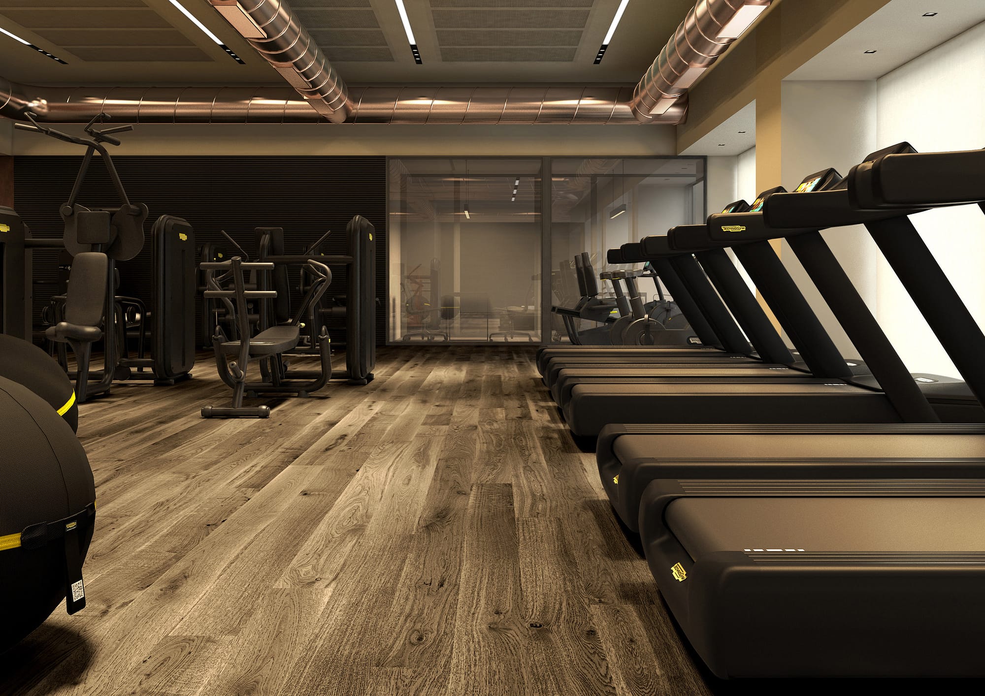 Magneto Fitness Club, gym floor con impianti a vista e pavimento in rovere