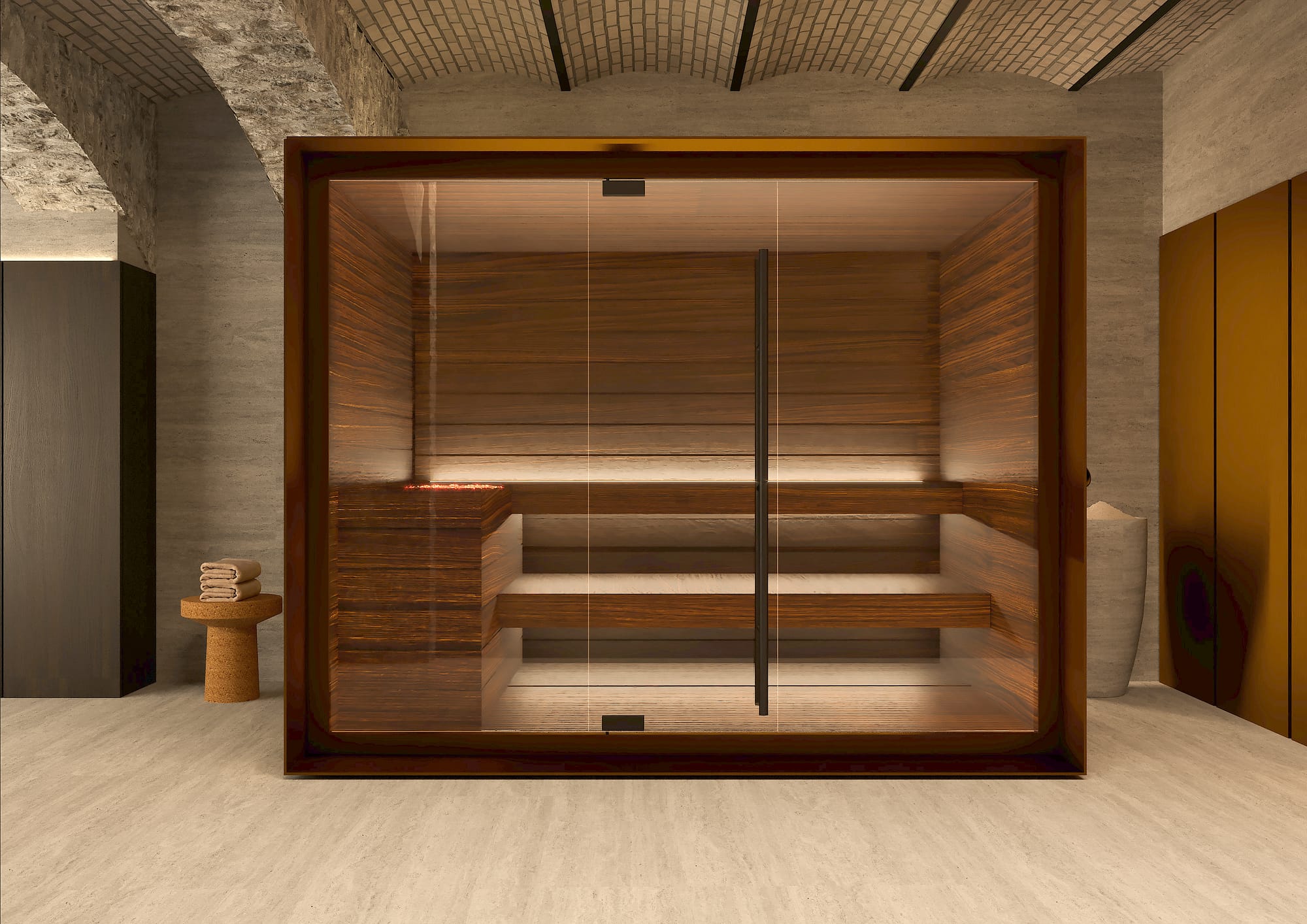 La Cella Relais & Spa, sauna con frame in ottone e interni in essenza in noce