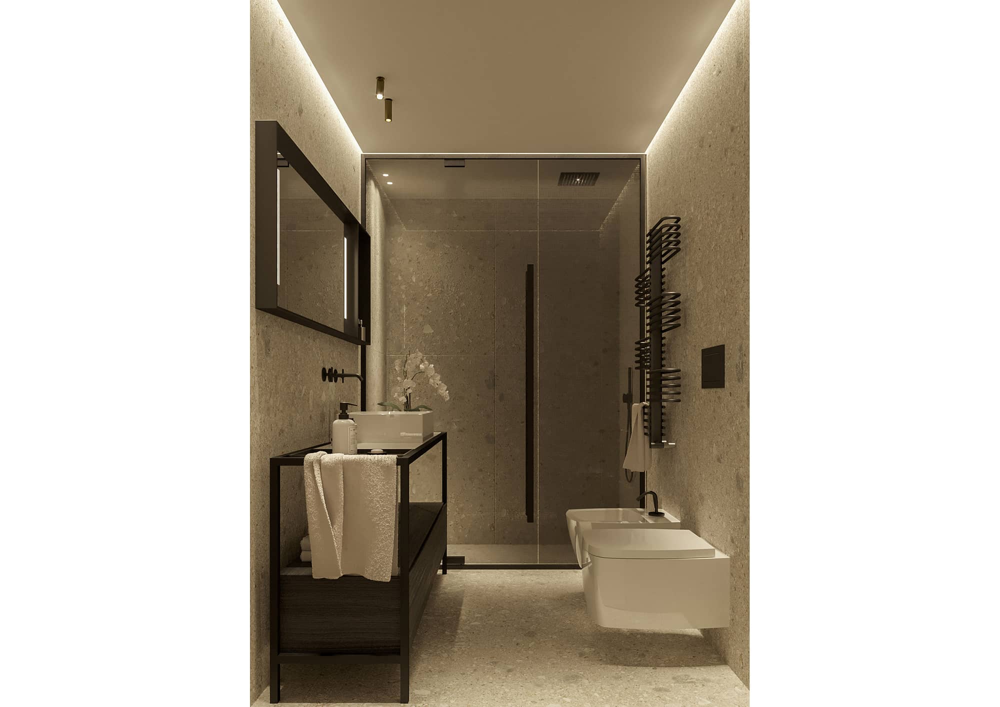 Hotel St George, vista laterale bagno rivestito con ceramica effetto ceppo di grè e finiture in metallo nero