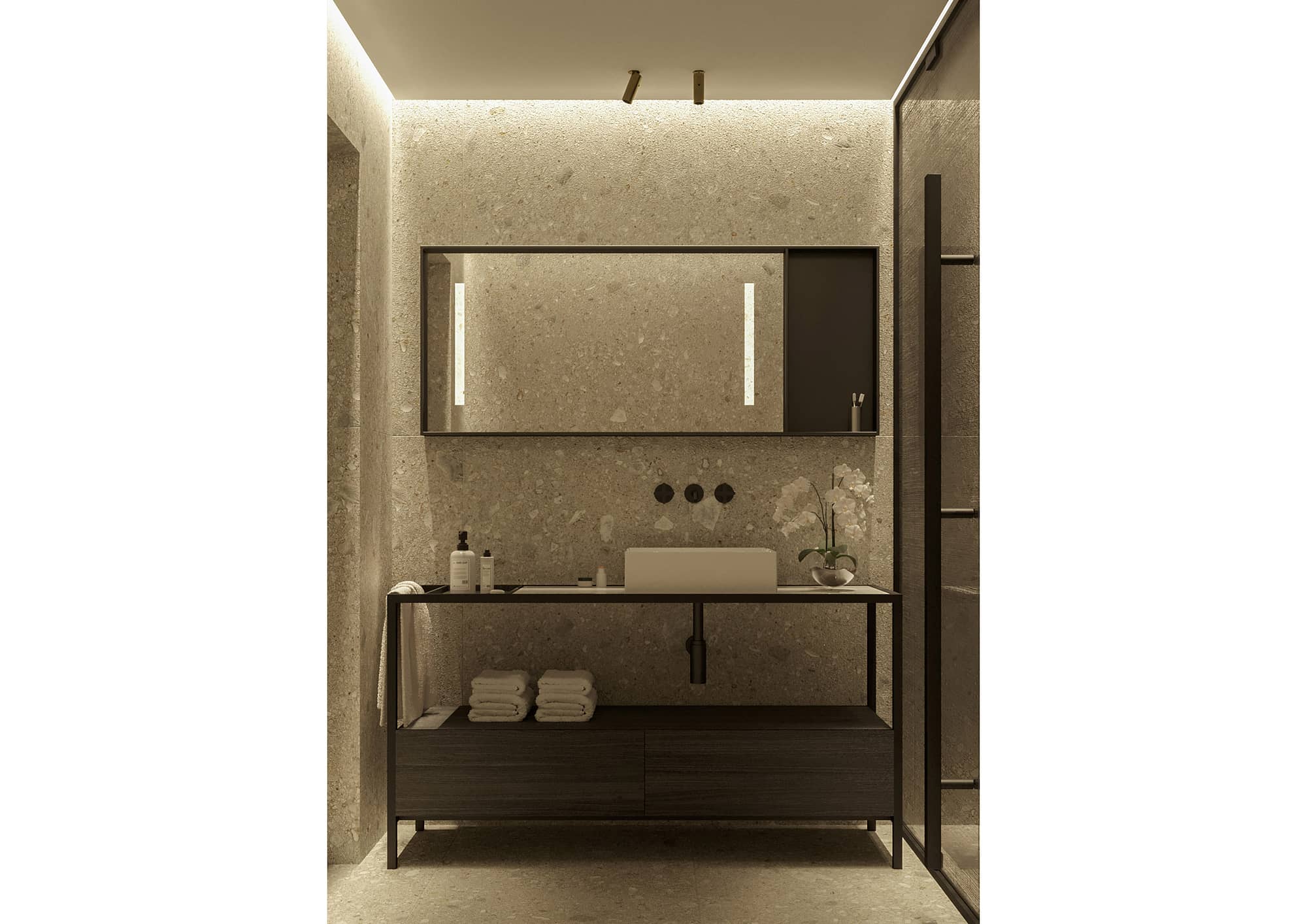 Hotel St George, vista frontale bagno con mobile lavabo stile industrial