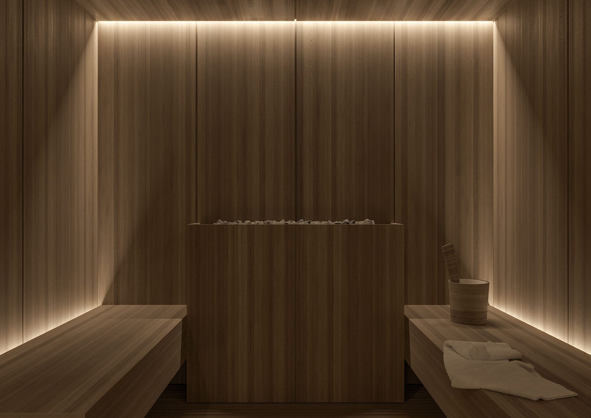 Spa-f, interno sauna con pannelli insegno finitura noce