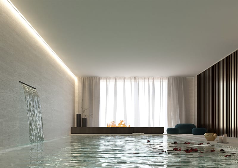 Corona D'Oro Hotel & Spa, vista su piscina interna con cascata e camino ad acqua